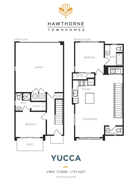 Floor plan for 2 beds, 2.5 baths, 1141 sqft